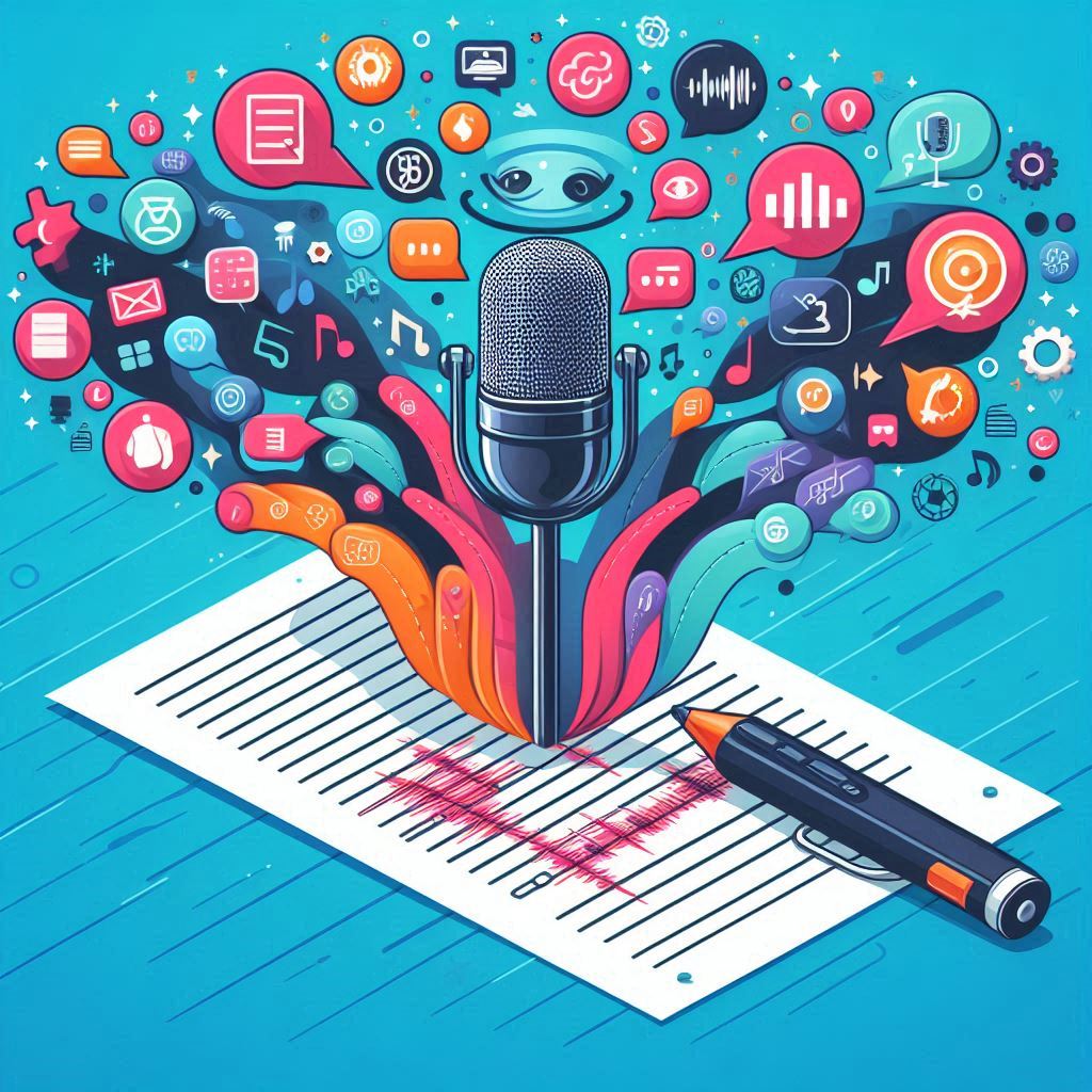 "Illustration of a microphone surrounded by colorful icons representing audio recording and text to speech conversion, with a text document and audio waves in the background."